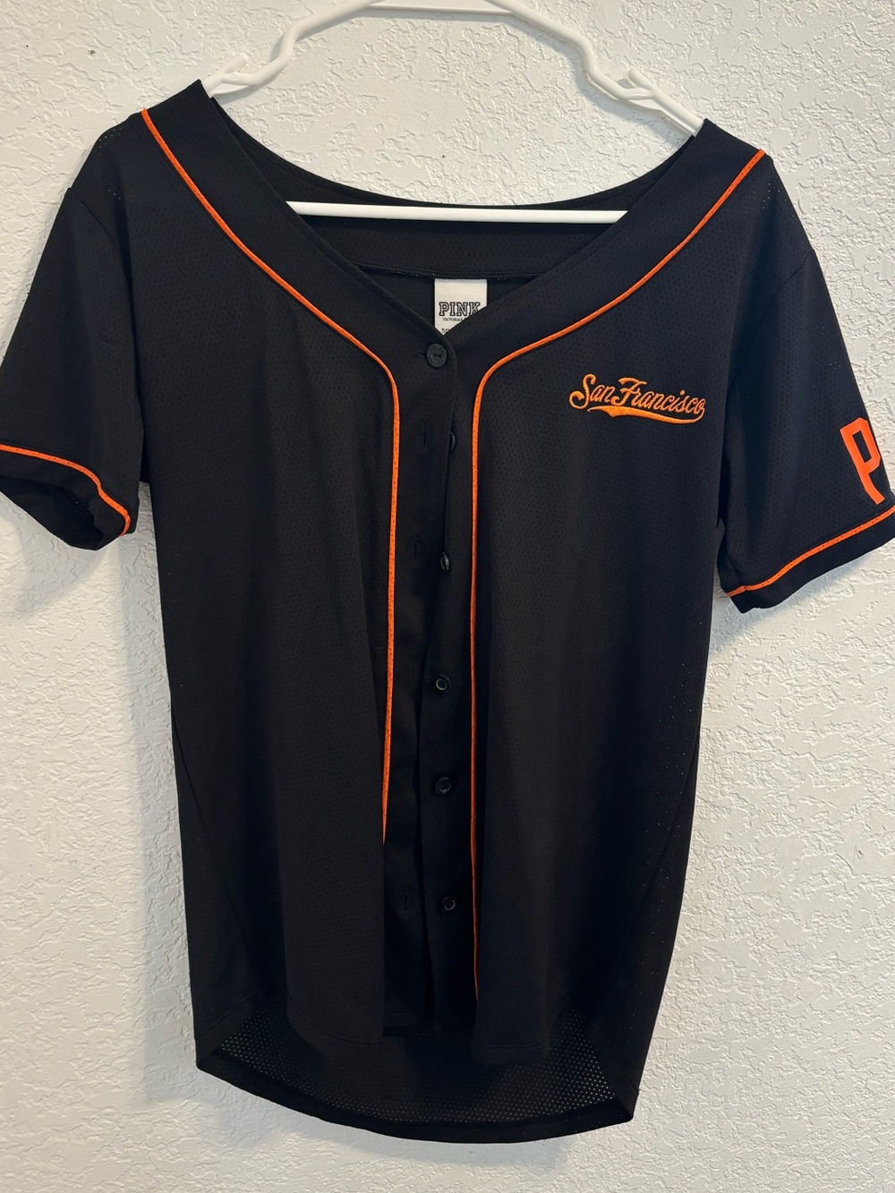 PINK Victoria's Secret Black Baseball Jersey with Orange Piping